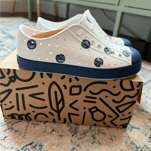 Native Shoes Kids White Slip-On Sneakers with Navy Accents